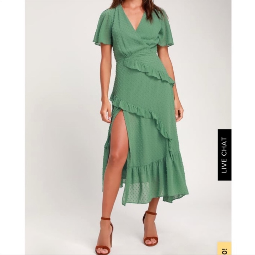 Lulus Next to You Sage Green Swiss Dot Ruffled Midi Dress